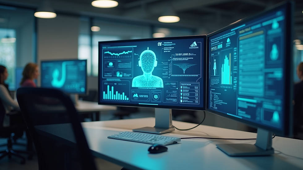 Eye-level view of a modern office with AI-powered customer support interface on screen