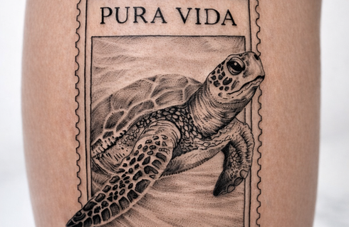 Black and grey realism sea turtle tattoo inside a vintage postage stamp frame with Pura Vida lettering, custom tattoo created at White Sloth Tattoo Shop in Tamarindo, Costa Rica.