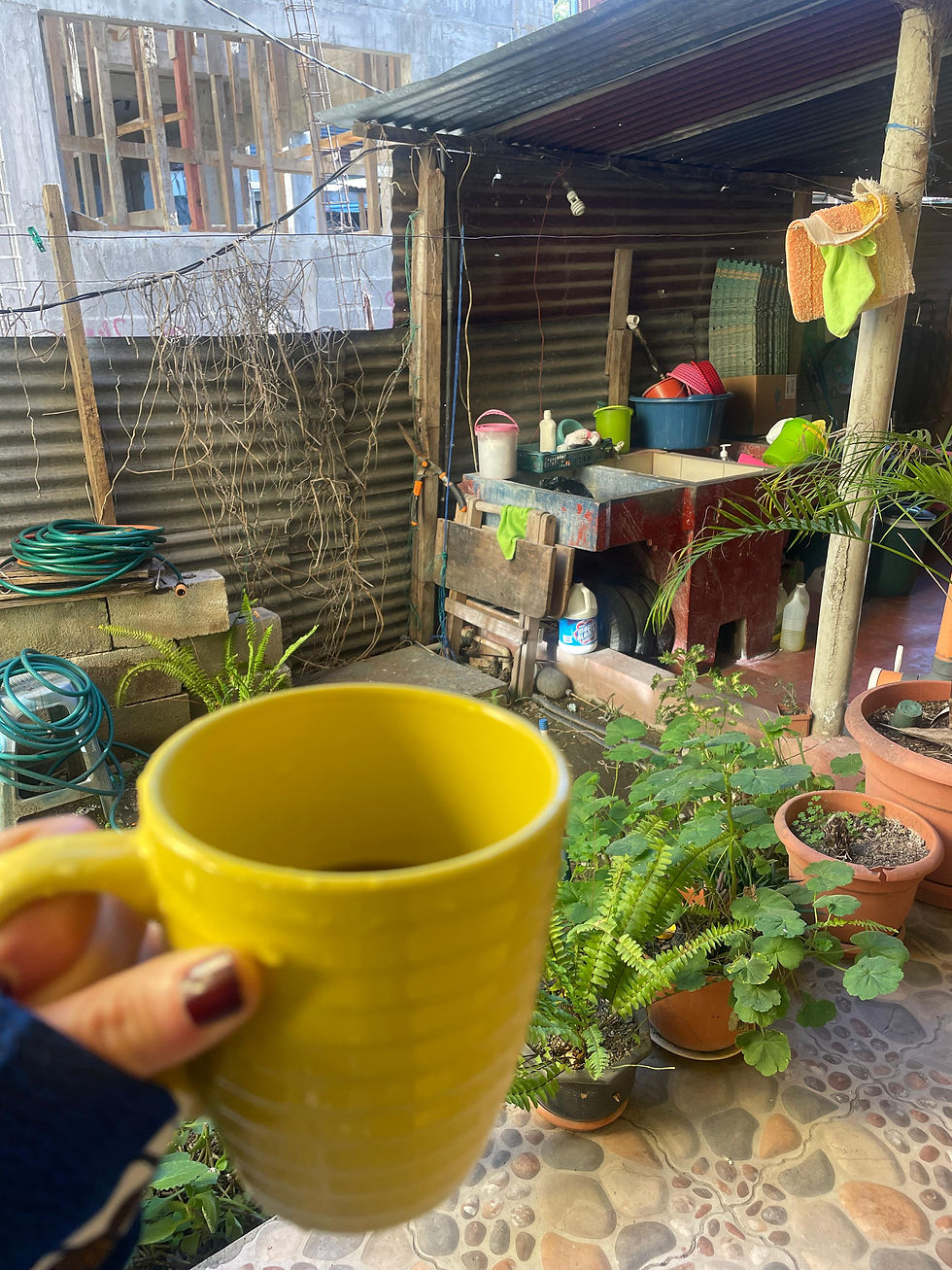 Tuk tuk'çu olarak çalışan ev sahibimin bahçesindeyim. Bana bıraktığı filtre kahve sayesinde sabahlarım şahane başlıyor. 