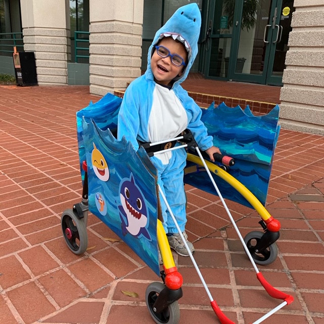 Boy wearing shark costume his rear walker decorated as a cartoon sea surrounds three sides, he is smiling wearing his pediatric belt cane