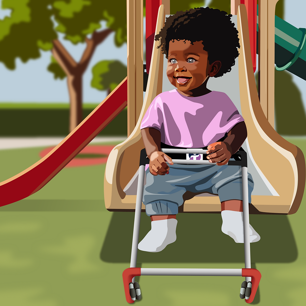 an illustration of a child sitting at the bottom of the slide wearing a belt cane. The bottom of the cane finds the ground before the child's feet.