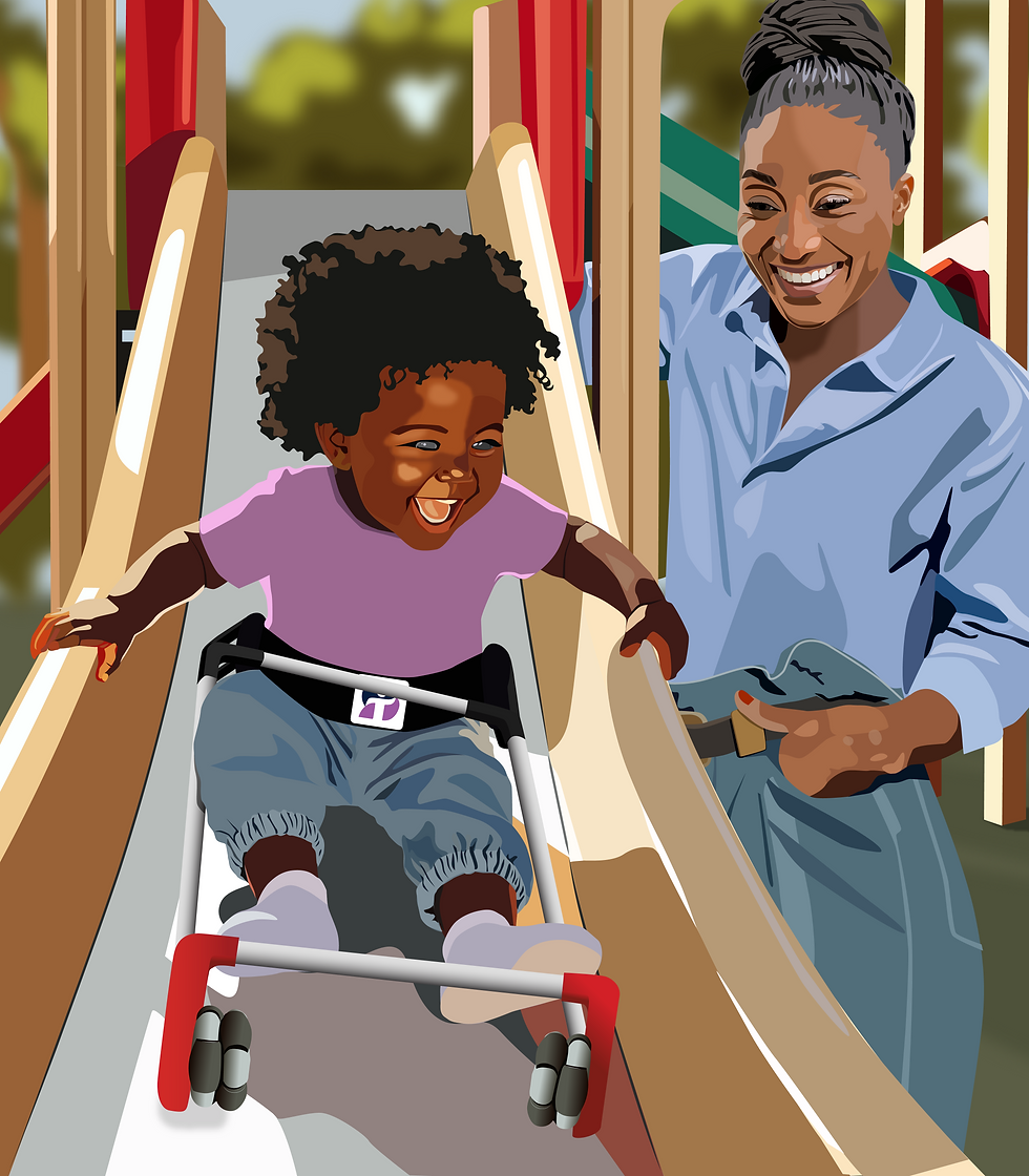 illustration of a girl sliding down wearing her belt cane her mom looking on