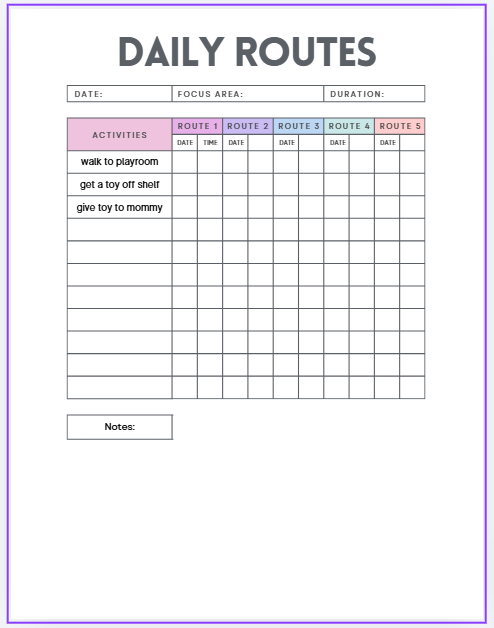 Chart titled "Daily Routes" with activities listed and columns for tracking five routes, date, time, and notes.