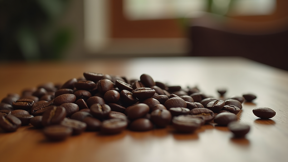 Close-up view of coffee beans on a wooden table