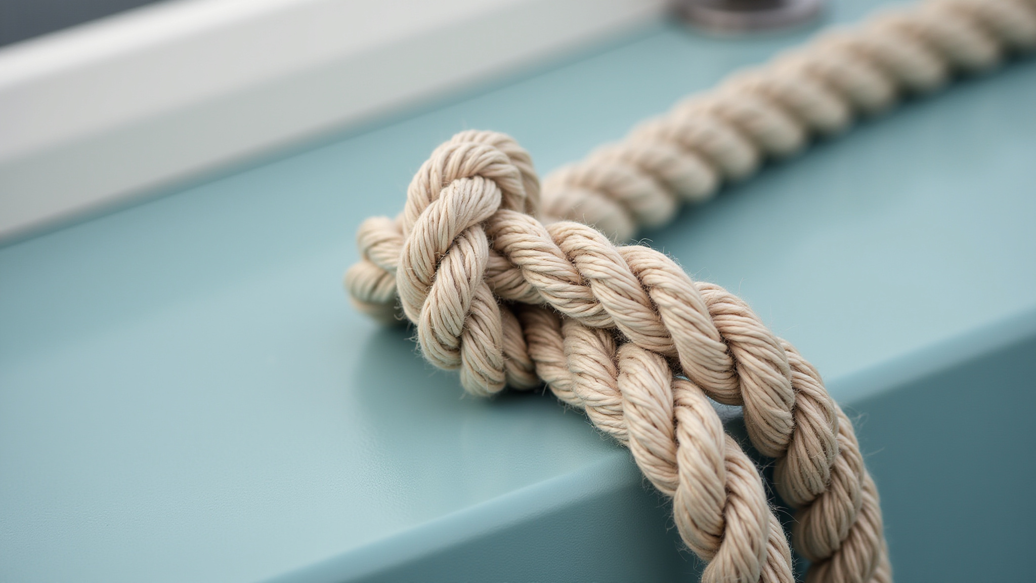 Close-up of thick beige rope tied on a glossy blue surface.