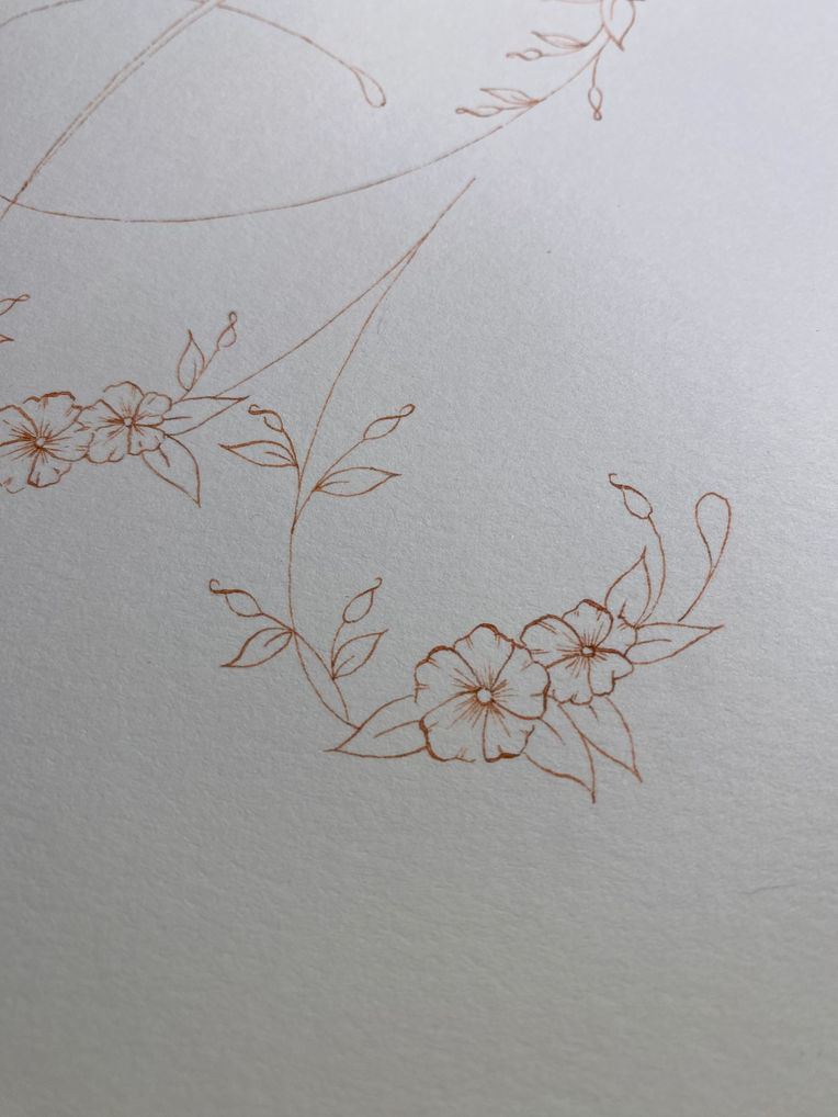 A detail of an illustrated letter A with floral and leaf elements for embellishment. Completed on archival 5"x7" hot press watercolor paper using pen and ink.
Contact me today if you'd like to purchase this piece. Like what you see, but have something else in mind? I am currently accepting commissions...Contact me today!