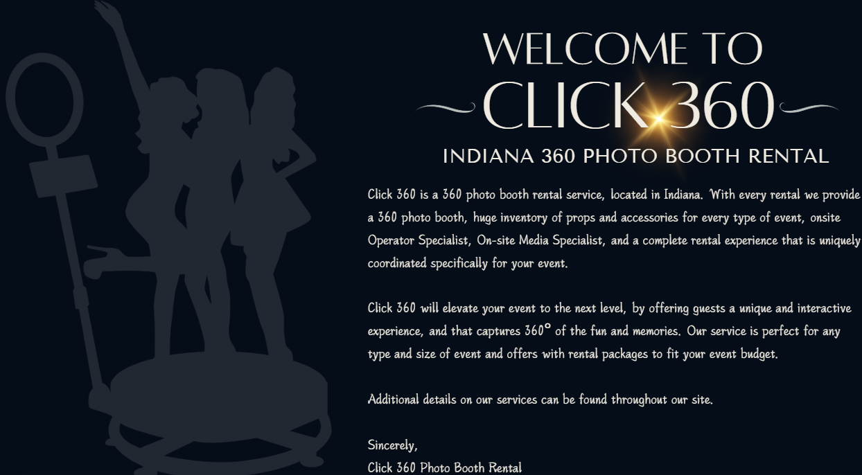 Indiana 360 Photo Booth Rental Welcom page