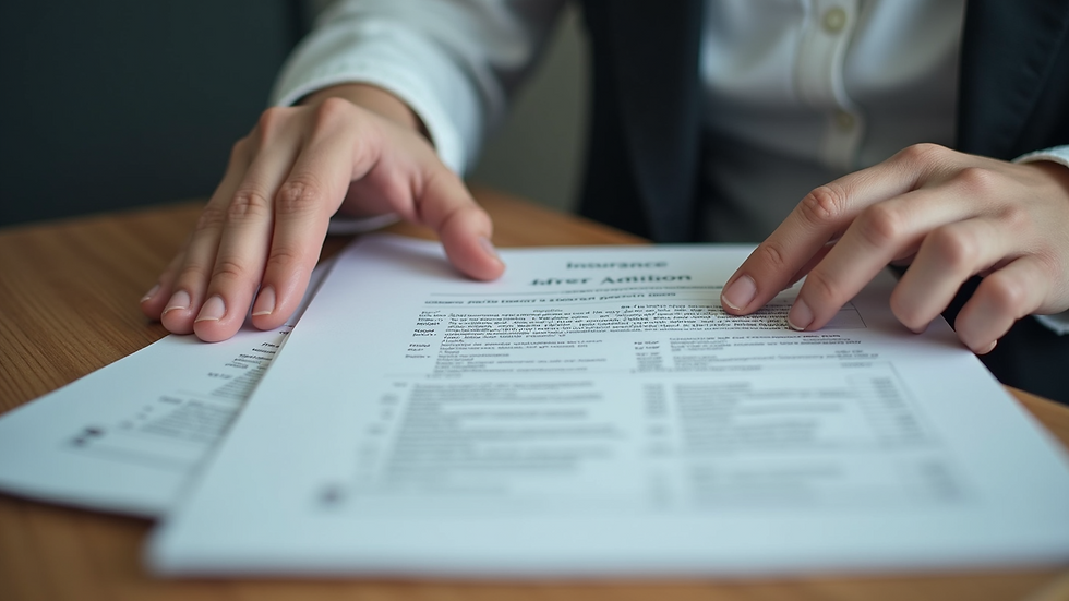 High angle view of a person comparing insurance policy documents on a desk