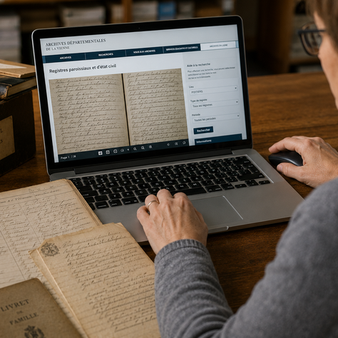 Une personne seule devant son ordinateur, consultant des archives en ligne avec quelques documents familiaux posés à côté.