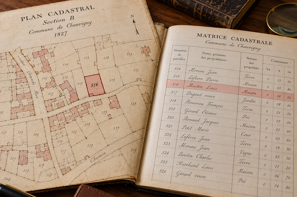 Plan cadastral ancien et matrice utilisés pour retrouver l’histoire d’une parcelle