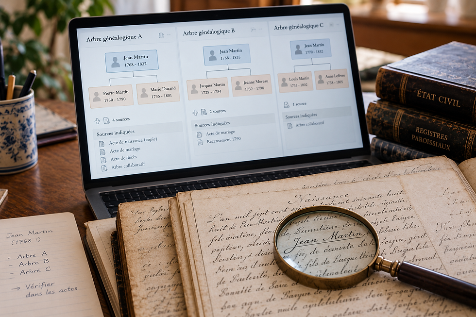 Plusieurs arbres généalogiques en ligne comparés à un acte ancien pour vérifier une filiation
