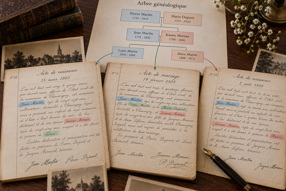 Actes d'archives comparés à un arbre généalogique pour vérifier une filiation
