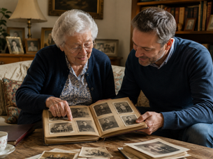 Un parent âgé et son enfant adulte feuilletant ensemble un album de photographies anciennes dans un salon familial.