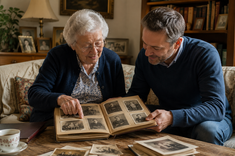 Un parent âgé et son enfant adulte feuilletant ensemble un album de photographies anciennes dans un salon familial.
