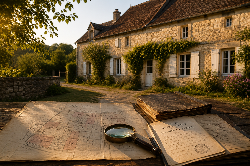 Une maison ancienne sous une lumière douce, avec au premier plan un plan cadastral ancien, des actes et une loupe.