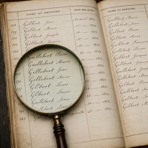 Un registre ancien ouvert montrant plusieurs orthographes d'un même nom sur différentes lignes, avec une loupe posée dessus.