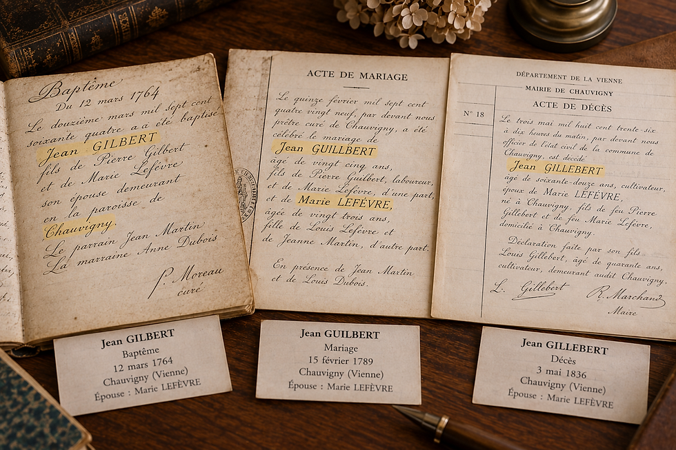 Trois actes anciens montrant différentes orthographes du même patronyme