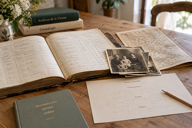 Documents d'archives, photographie familiale et arbre généalogique utilisés pour retracer une histoire familiale