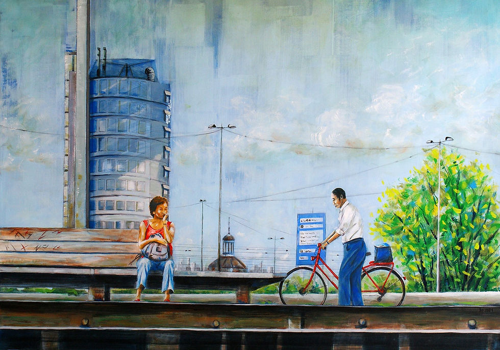 Le vélo rouge - 2021 - Huile sur papier - 100 x 70 cm