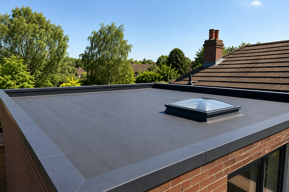 Modern EPDM flat roofing installation in Burton on Trent with roof lantern and warm weather conditions