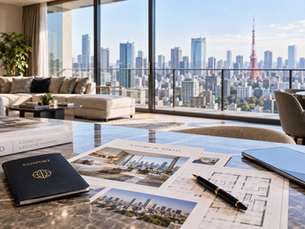Luxury apartment in Tokyo with city skyline and property purchase documents