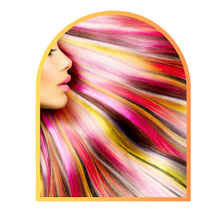 Window shape decorative image of the side profile of a person with long vibrant colours in their hair.