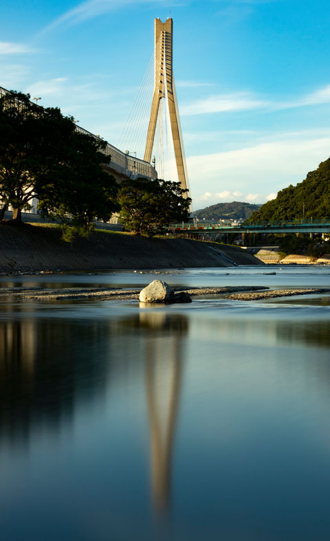 青い空の下、橋と緑の木々、川の水面が穏やかな美しい風景。