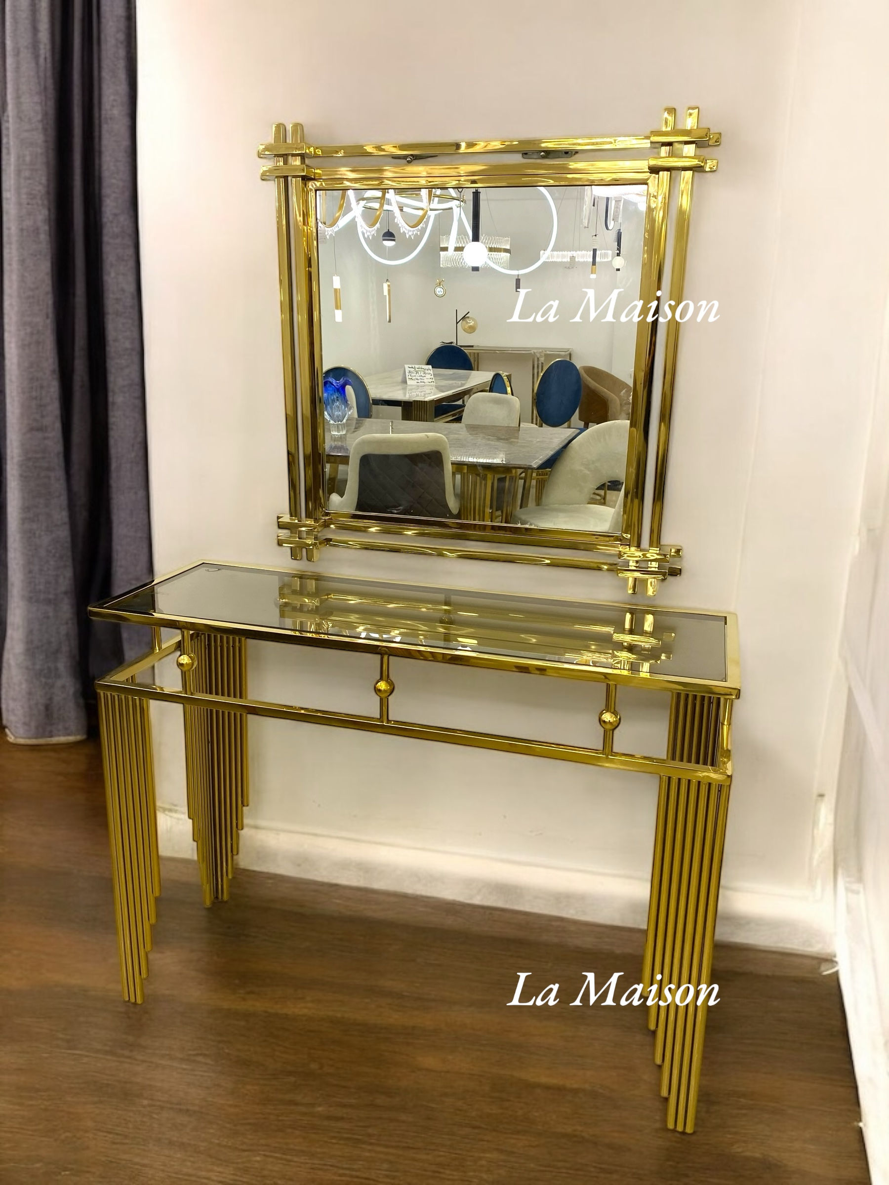 كونسول ستانلس (بيانو) مستطيل زجاج عسلى+مرايا مربع