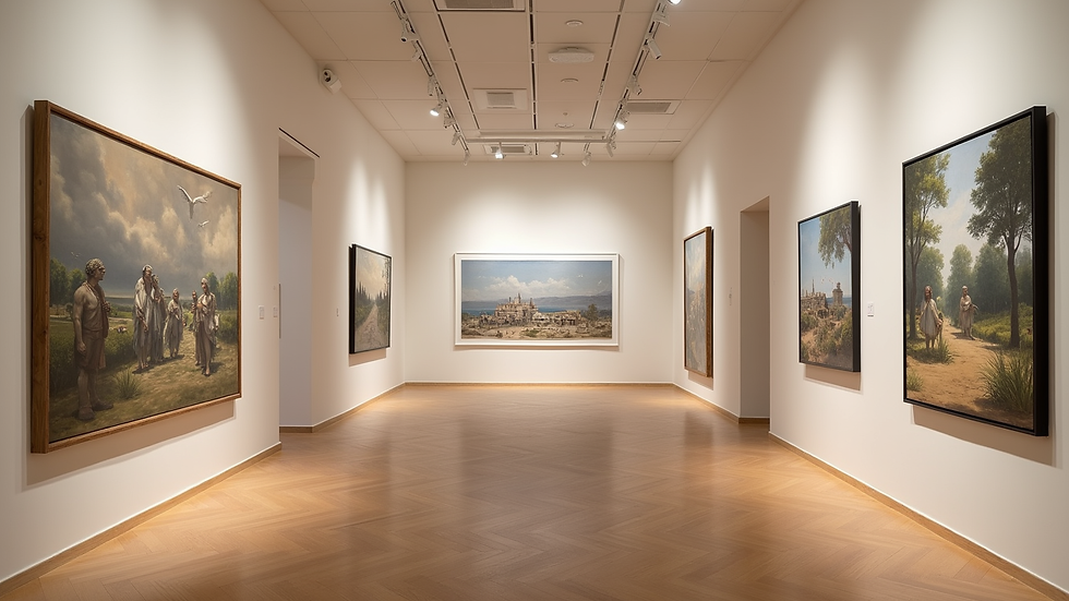 Eye-level view of a local art gallery with paintings displayed on walls