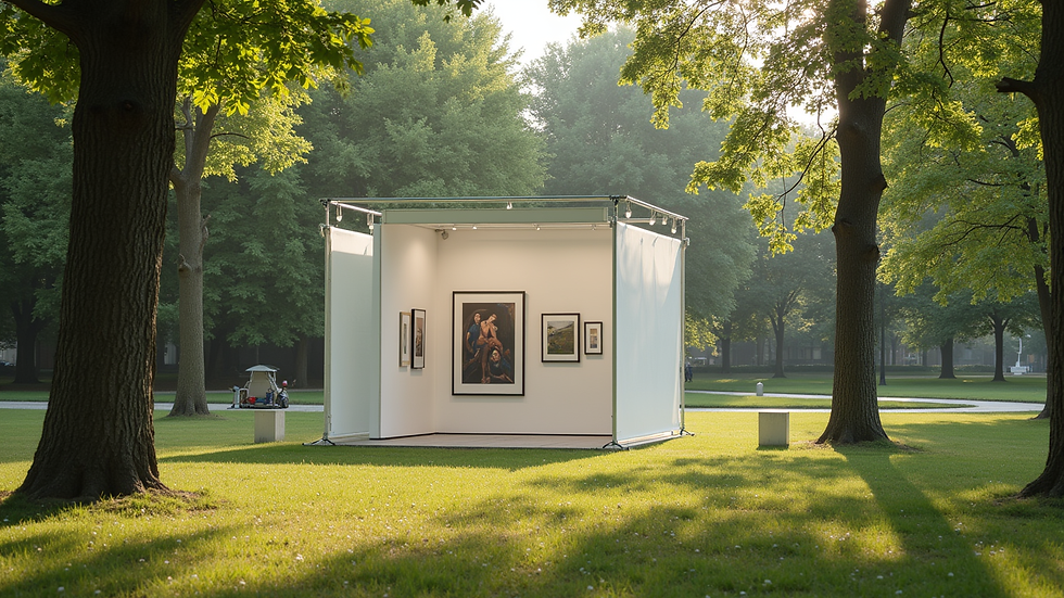 Eye-level view of a pop-up art gallery setup in a local park