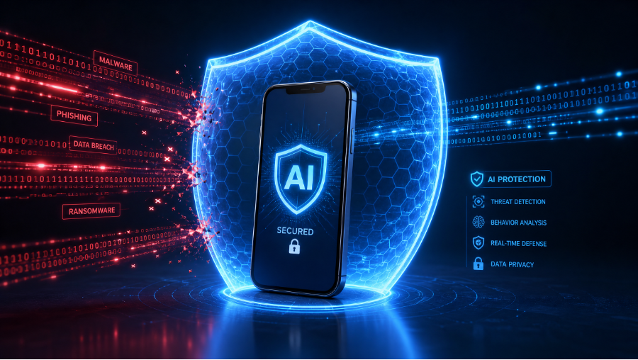 Conceptual illustration of AI-powered mobile security protecting against digital threats