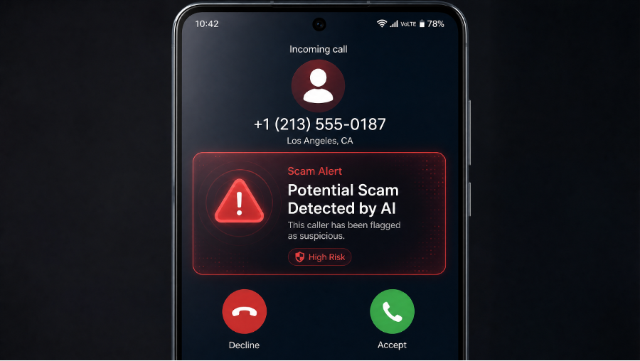 Android's real-time AI Scam Alert notification during an incoming call