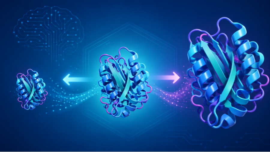 A comparison showing Raygun-designed proteins (left and right) relative to their original template (center), maintaining structural integrity across different sizes