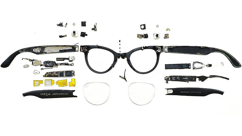 A disassembled view of smart glasses, highlighting the compact internal components and the engineering challenge of integrating advanced technology into a small form factor