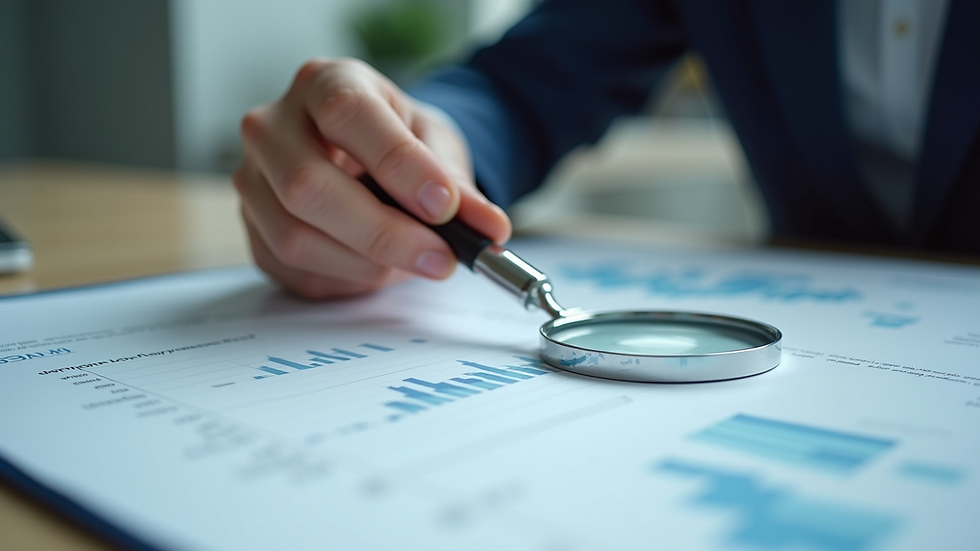 Close-up view of a person holding a magnifying glass over financial documents