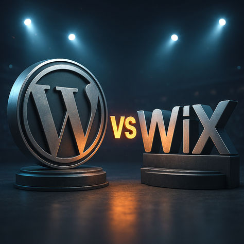 WordPress oder Wix? Website erstellen CMS? Womit Website erstellen? Wodrpress Logo im Ring gegen das WIX Logo. Symbolischer Kampf zwischen beiden systemen