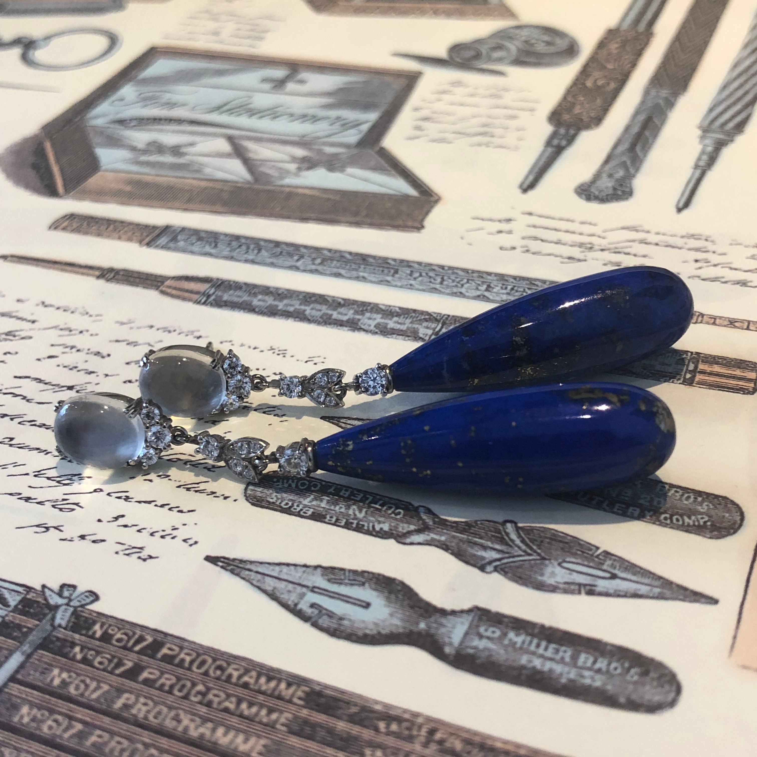 Platinum lapis, moonstone and diamond earrings
