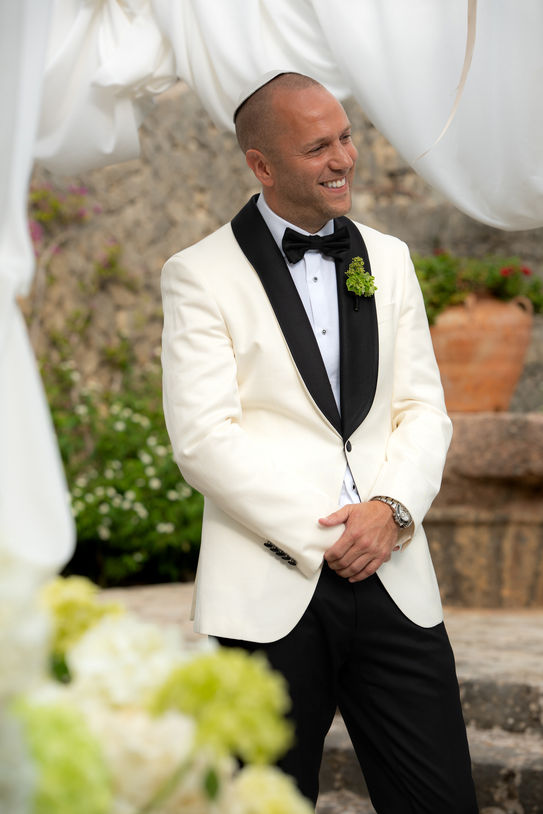 Groom smiling during ceremony at Finca Son Berga Mallorca.