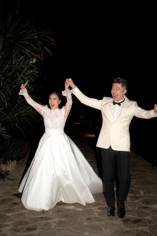Bride and groom celebrating during wedding reception at Terra ION Mallorca.