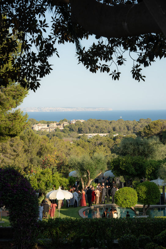 Outdoor reception during Mallorca destination wedding at Castillo de Bendinat.