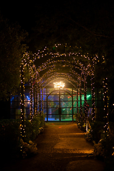 Glasshouse entrance illuminated for wedding afterparty at Finca Serena