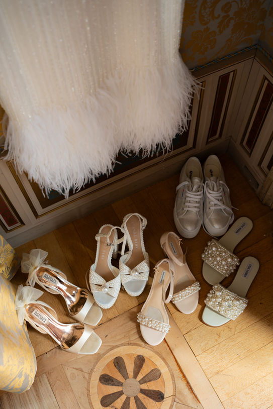 Bridal shoes and wedding accessories photographed at Villa Fiordaliso Lake Garda