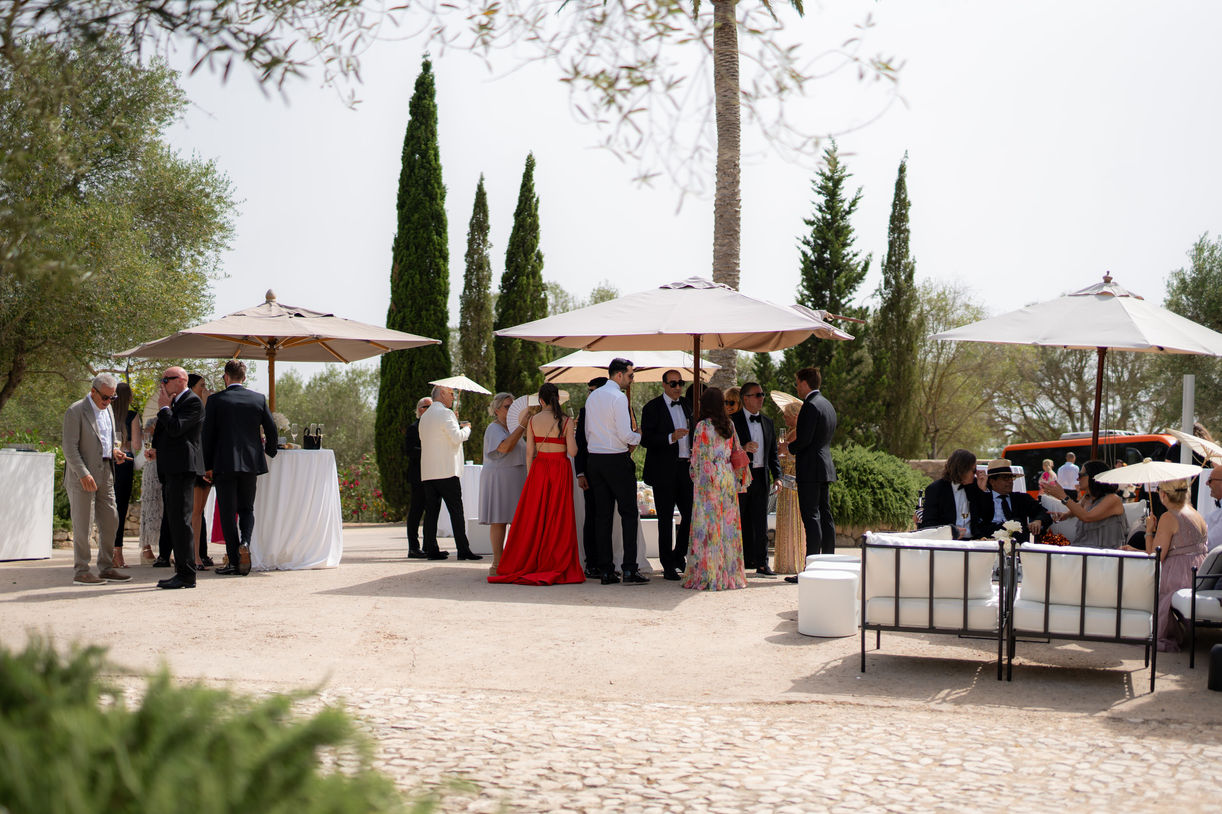 Wedding guests during cocktail hour at Finca Serena Mallorca