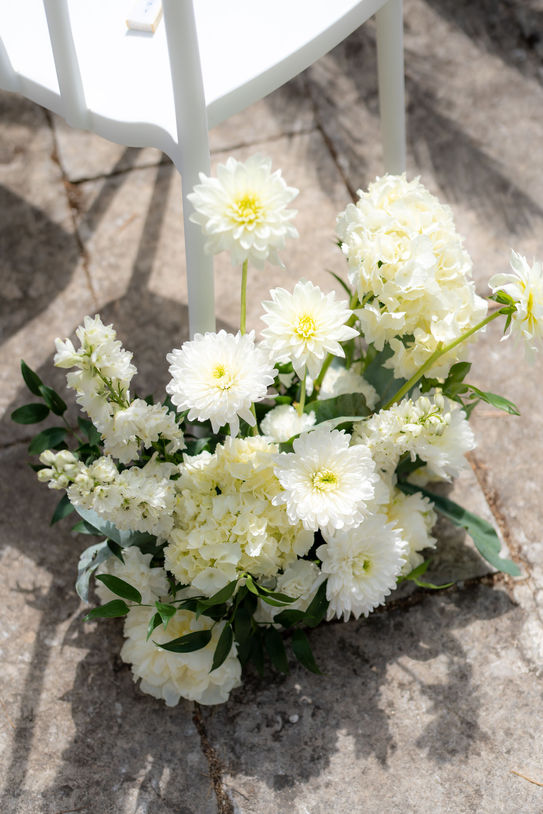White wedding flowers photographed at Finca Serena Mallorca