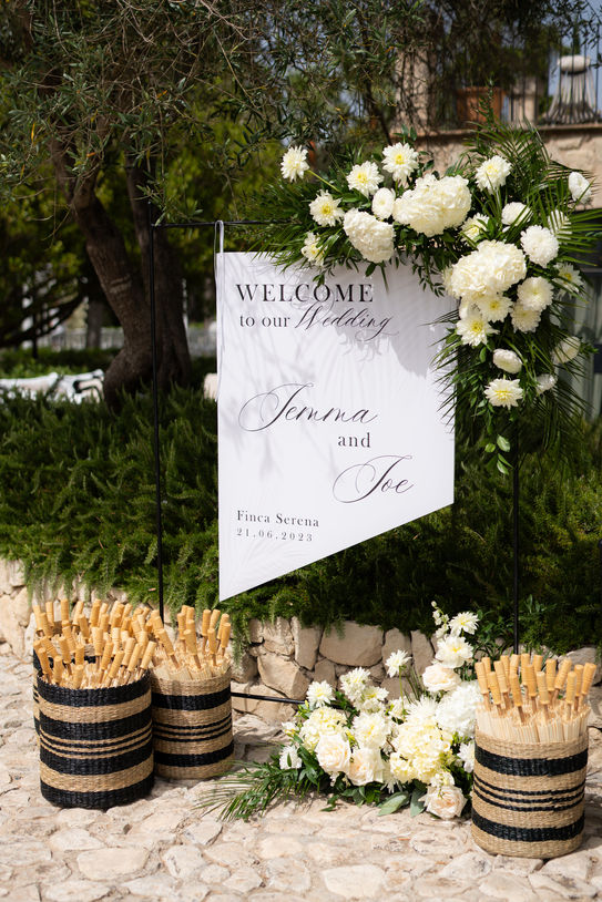 Floral wedding welcome sign at Finca Serena Mallorca