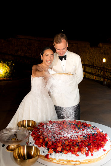 Bride and groom during wedding cake cutting at Son Marroig Mallorca reception