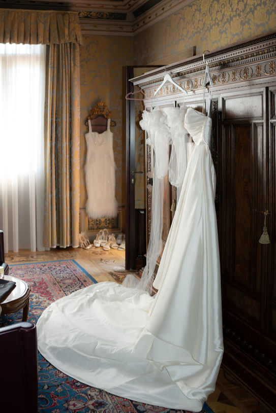 Wedding dress hanging inside Villa Fiordaliso during Lake Garda wedding