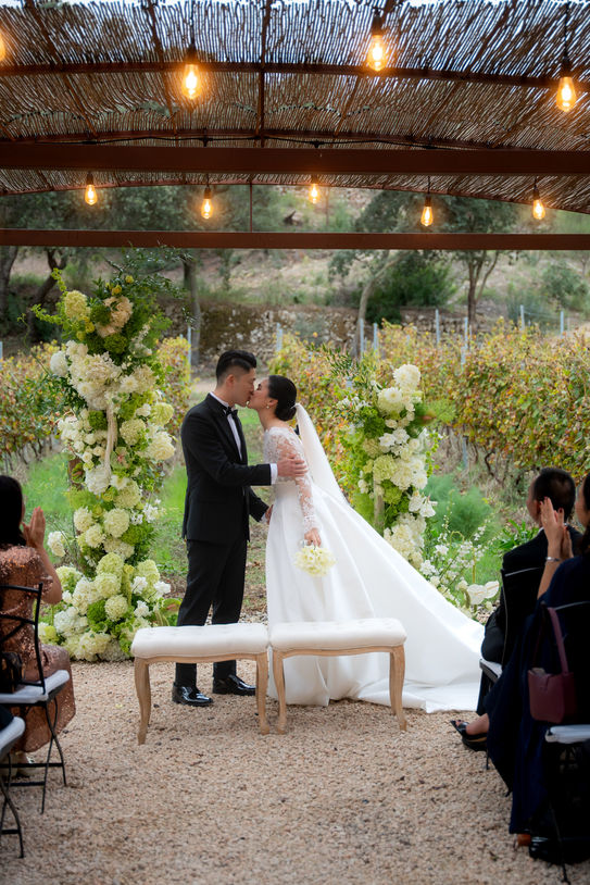 Wedding ceremony at Bodega Terra ION Mallorca surrounded by olive trees.
