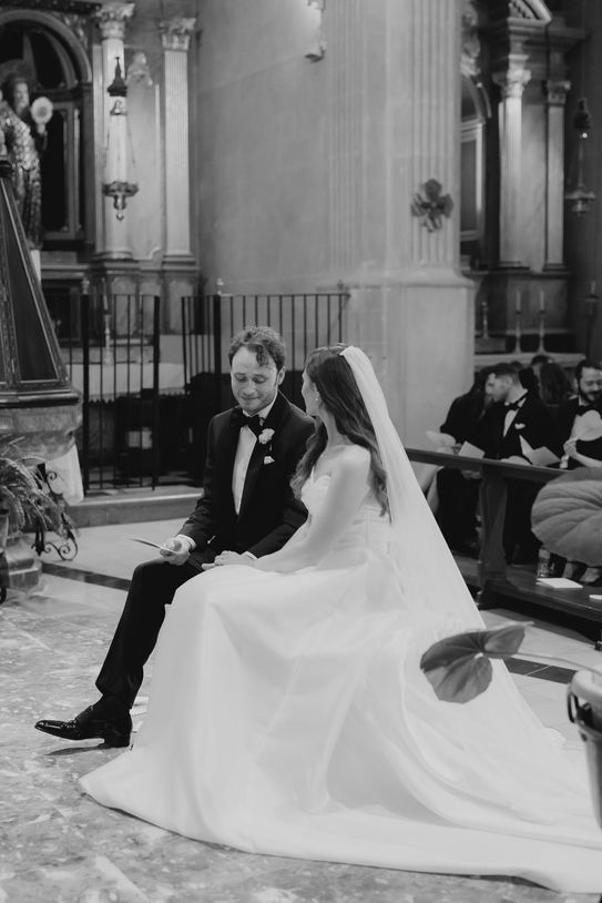 Black and white portrait of bride and groom during Mallorca wedding.