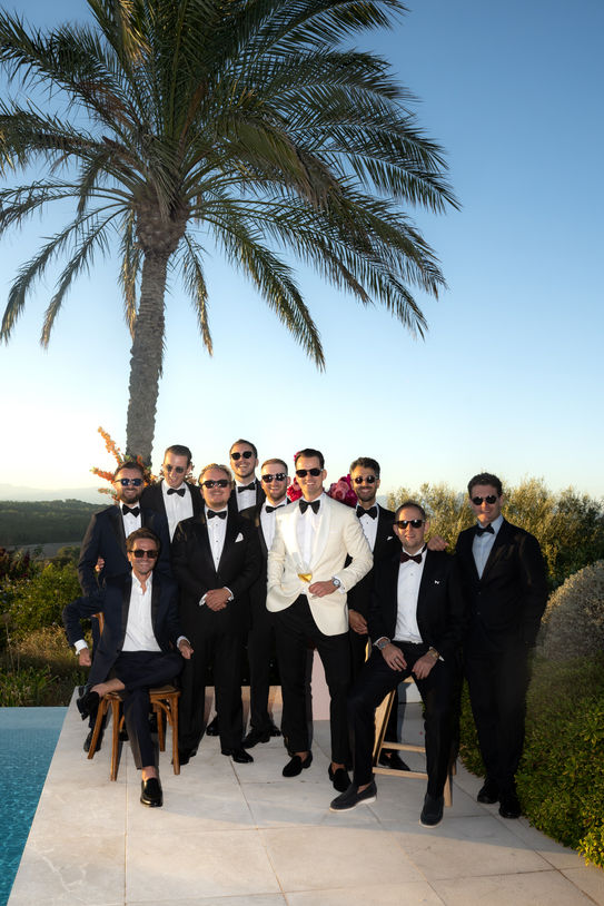 Groomsmen portrait at Finca Sonrisa Mallorca wedding.